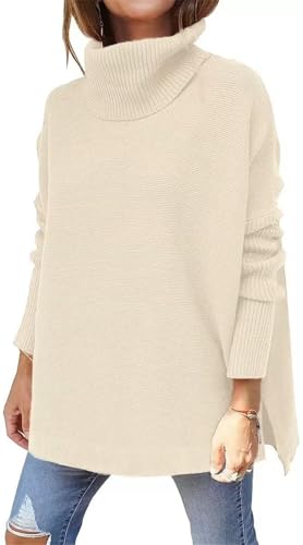 ASKSA Damen Pullover Rollkragenpullover Strickpullover Winter Langarm Oversized Warm Einfarbig Stricken Sweater Oberteile (Aprikose,XL) von ASKSA