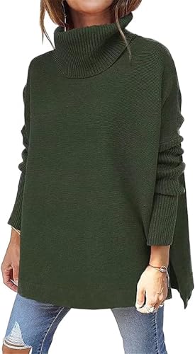 ASKSA Damen Pullover Rollkragenpullover Strickpullover Winter Langarm Oversized Warm Einfarbig Stricken Sweater Oberteile (Armeegrün,M) von ASKSA