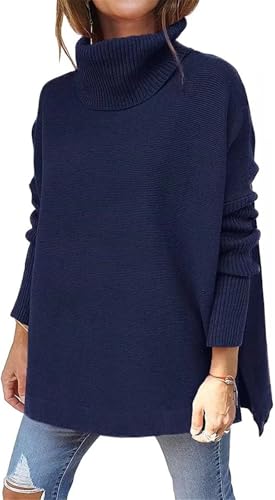 ASKSA Damen Pullover Rollkragenpullover Strickpullover Winter Langarm Oversized Warm Einfarbig Stricken Sweater Oberteile (Dunkelblau,L) von ASKSA