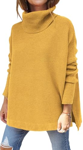 ASKSA Damen Pullover Rollkragenpullover Strickpullover Winter Langarm Oversized Warm Einfarbig Stricken Sweater Oberteile (Gelb,S) von ASKSA