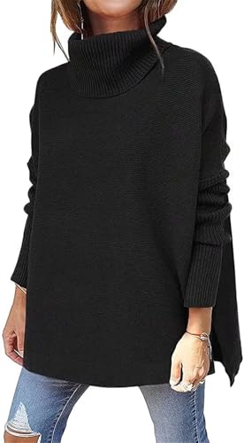 ASKSA Damen Pullover Rollkragenpullover Strickpullover Winter Langarm Oversized Warm Einfarbig Stricken Sweater Oberteile (Schwarz,M) von ASKSA
