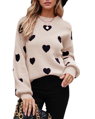 ASKSA Damen Pullover Rundhals Herz Grafik Strickpullover Langarm Winter Strickpulli Casual Herzdruck Strickpullover (Aprikose,M) von ASKSA