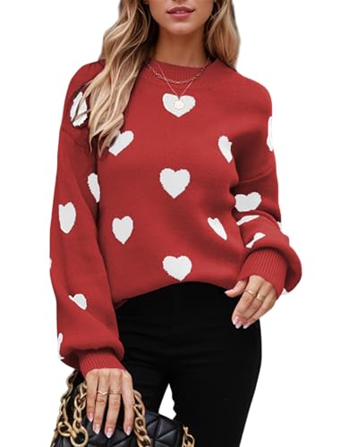 ASKSA Damen Pullover Rundhals Herz Grafik Strickpullover Langarm Winter Strickpulli Casual Herzdruck Strickpullover (Rot,M) von ASKSA