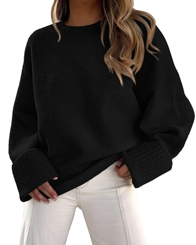 ASKSA Damen Pullover Rundhals Strickpullover Langarm Winter Herbst Oversized Warm Stricken Sweater Lose Oberteile (Schwarz,L) von ASKSA