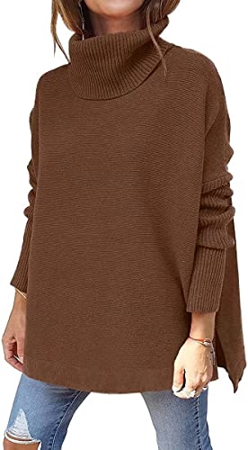 ASKSA Damen Rollkragenpullover Strickpullover Lange Fledermausärmel Pullover Oversize Strickpulli Langarm Einfarbig Casual Sweater Strickoberteile(Braun,XXL) von ASKSA