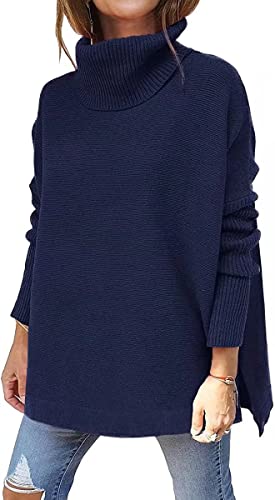 ASKSA Damen Rollkragenpullover Strickpullover Lange Fledermausärmel Pullover Oversize Strickpulli Langarm Einfarbig Casual Sweater Strickoberteile(Dunkelblau,L) von ASKSA