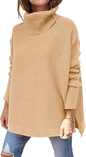 ASKSA Damen Rollkragenpullover Strickpullover Lange Fledermausärmel Pullover Oversize Strickpulli Langarm Einfarbig Casual Sweater Strickoberteile(Khaki,XXL) von ASKSA