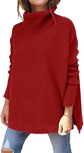 ASKSA Damen Rollkragenpullover Strickpullover Lange Fledermausärmel Pullover Oversize Strickpulli Langarm Einfarbig Casual Sweater Strickoberteile(Weinrot,L) von ASKSA