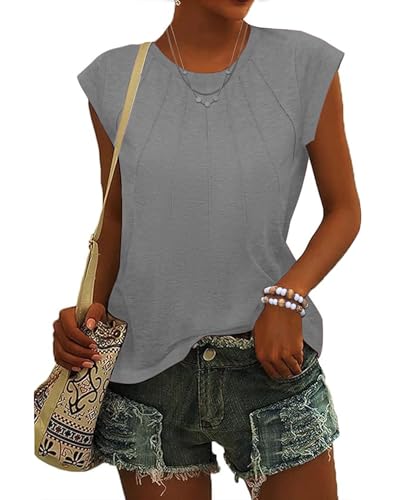 ASKSA Damen Rundhals Flügelärmeln T-Shirt Plissiertes Sommer Einfarbig Bluse Casual Lose Basic Tunika Tops Oberteile (Grau,M) von ASKSA