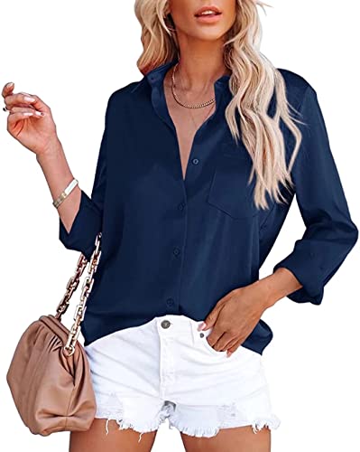 ASKSA Damen Satin Bluse Elegant V-Ausschnitt Hemden Knöpfen Langarm Hemd Business Casual Arbeit Oberteile Langarmshirt Tops mit Tasche(Dunkelblau,L) von ASKSA