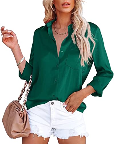 ASKSA Damen Satin Bluse Elegant V-Ausschnitt Hemden Knöpfen Langarm Hemd Business Casual Arbeit Oberteile Langarmshirt Tops mit Tasche(Dunkelgrün,L) von ASKSA