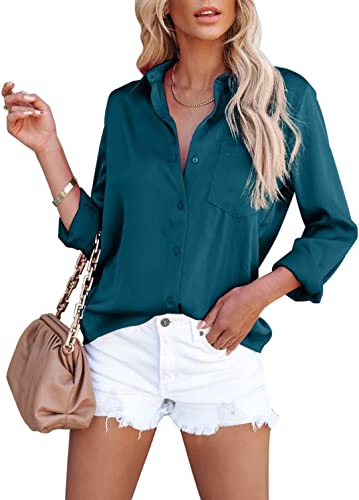 ASKSA Damen Satin Bluse Elegant V-Ausschnitt Hemden Knöpfen Langarm Hemd Business Casual Arbeit Oberteile Langarmshirt Tops mit Tasche(Königsblau,XXL) von ASKSA