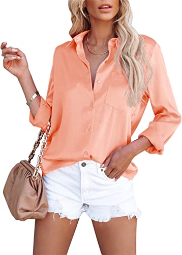 ASKSA Damen Satin Bluse Elegant V-Ausschnitt Hemden Knöpfen Langarm Hemd Business Casual Arbeit Oberteile Langarmshirt Tops mit Tasche(Orange,S) von ASKSA