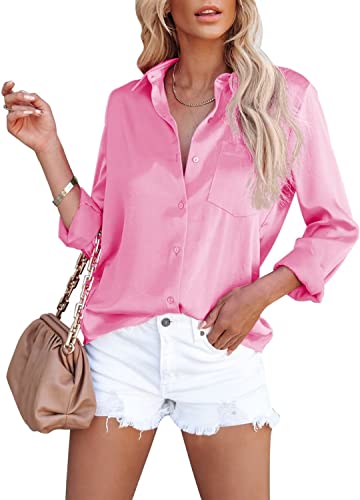 ASKSA Damen Satin Bluse Elegant V-Ausschnitt Hemden Knöpfen Langarm Hemd Business Casual Arbeit Oberteile Langarmshirt Tops mit Tasche(Rosa,S) von ASKSA