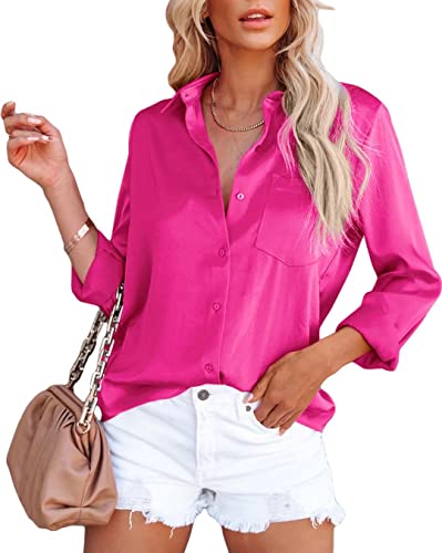 ASKSA Damen Satin Bluse Elegant V-Ausschnitt Hemden Knöpfen Langarm Hemd Business Casual Arbeit Oberteile Langarmshirt Tops mit Tasche(Rosarot,M) von ASKSA