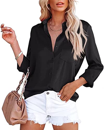 ASKSA Damen Satin Bluse Elegant V-Ausschnitt Hemden Knöpfen Langarm Hemd Business Casual Arbeit Oberteile Langarmshirt Tops mit Tasche(Schwarz,L) von ASKSA