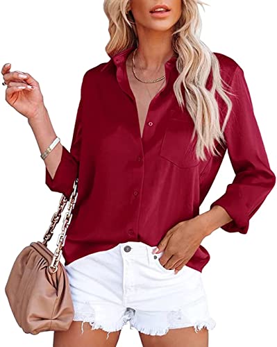 ASKSA Damen Satin Bluse Elegant V-Ausschnitt Hemden Knöpfen Langarm Hemd Business Casual Arbeit Oberteile Langarmshirt Tops mit Tasche(Weinrot,L) von ASKSA