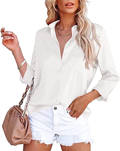 ASKSA Damen Satin Bluse Elegant V-Ausschnitt Hemden Knöpfen Langarm Hemd Business Casual Arbeit Oberteile Langarmshirt Tops mit Tasche(Weiß,M) von ASKSA