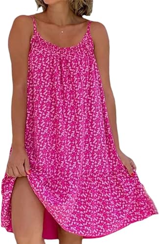 ASKSA Damen Sommer Blumenmuster Kleid Rundhalsausschnitt Strandkleider Freizeit Swing Blumenkleid Spaghettiträger Trägerkleid (Rosenrot,3XL) von ASKSA