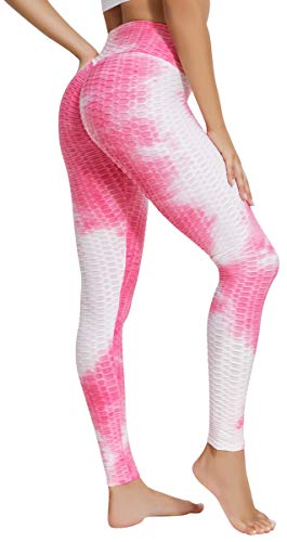 ASKSA Damen Sport Leggings Hohe Taille Tie Dye Yogahosen Geraffte Gym Strumpfhosen Bauch Kontrolle Po Lifting Yoga Stretch Fitness Anti Cellulite Jogginghose(Rot&Weiß,XS) von ASKSA