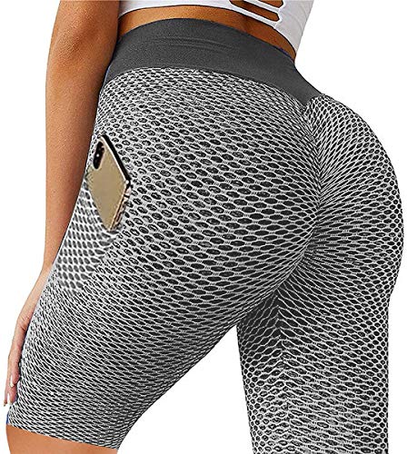 ASKSA Damen Sport Short Leggings mit Tasche Honeycomb Sporthose Anti Cellulite High Waist Yogahosen Push Up Kurze Hose Yoga Fitness Butt Lift Jogginghose(Grau,XL) von ASKSA
