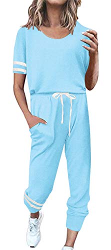 ASKSA Damen Streifen Kurzarm Jogginganzug Sportanzug Trainingsanzug Hausanzug 2 Teilig Freizeitanzug Sportswear Homewear Pyjama Set mit Taschen(Himmelblau,XXL) von ASKSA