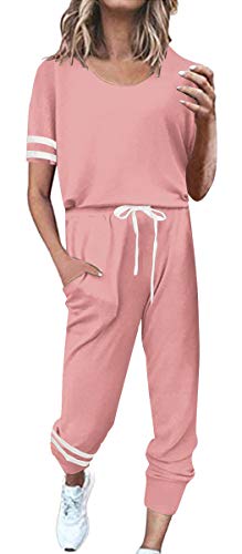 ASKSA Damen Streifen Kurzarm Jogginganzug Sportanzug Trainingsanzug Hausanzug 2 Teilig Freizeitanzug Sportswear Homewear Pyjama Set mit Taschen(Rosa,XXL) von ASKSA