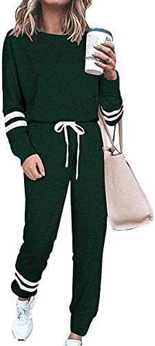 ASKSA Damen Streifen Langarm Jogginganzug Sportanzug Trainingsanzug Hausanzug 2 Teilig Freizeitanzug Sportswear Homewear Pyjama Set mit Taschen(Dunkelgrün,S) von ASKSA