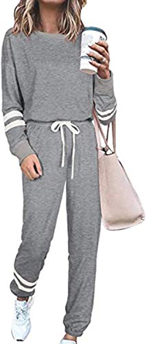 ASKSA Damen Streifen Langarm Jogginganzug Sportanzug Trainingsanzug Hausanzug 2 Teilig Freizeitanzug Sportswear Homewear Pyjama Set mit Taschen(Grau,L) von ASKSA