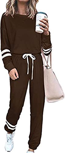 ASKSA Damen Streifen Langarm Jogginganzug Sportanzug Trainingsanzug Hausanzug 2 Teilig Freizeitanzug Sportswear Homewear Pyjama Set mit Taschen(Kaffee,S) von ASKSA