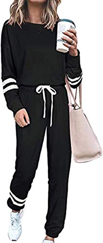 ASKSA Damen Streifen Langarm Jogginganzug Sportanzug Trainingsanzug Hausanzug 2 Teilig Freizeitanzug Sportswear Homewear Pyjama Set mit Taschen(Schwarz,L) von ASKSA