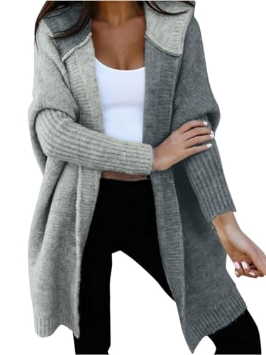 ASKSA Damen Strickjacken Kapuzenpullover Warm Lang Cardigan Strickmantel Casual Herbst Winter Grobstrickjacke Mit Kapuze (Dunkelgrau,L) von ASKSA