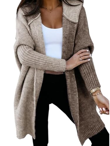 ASKSA Damen Strickjacken Kapuzenpullover Warm Lang Cardigan Strickmantel Casual Herbst Winter Grobstrickjacke Mit Kapuze (Dunkelkhaki,L) von ASKSA