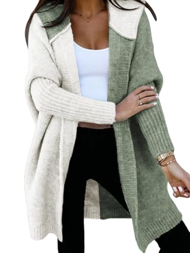 ASKSA Damen Strickjacken Kapuzenpullover Warm Lang Cardigan Strickmantel Casual Herbst Winter Grobstrickjacke Mit Kapuze (Grün,XL) von ASKSA