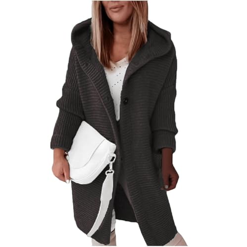 ASKSA Damen Strickjacken Strickmantel Warm Langarm Einfarbig Sweatshirt Grobstrick Hoodie Strickcardigan Mit Kapuze (Kaffee,XL) von ASKSA