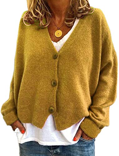 ASKSA Damen Strickpulli Pullover Lose Lässige Strickjacken Strickenpullover Langarm V-Ausschnitt Einfarbig Knopf Offene Cardigan Frauen Casual Klein Mantel (Gelb, L) von ASKSA