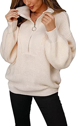 ASKSA Damen Strickpullover Einfarbig Pullover Revers Reißverschluss Langarm Strickpulli Oversize Casual Sweater Strickoberteile (Aprikose,M) von ASKSA