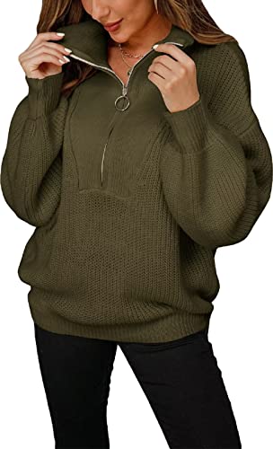 ASKSA Damen Strickpullover Einfarbig Pullover Revers Reißverschluss Langarm Strickpulli Oversize Casual Sweater Strickoberteile (Armeegrün,M) von ASKSA