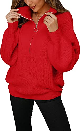 ASKSA Damen Strickpullover Einfarbig Pullover Revers Reißverschluss Langarm Strickpulli Oversize Casual Sweater Strickoberteile (Rot,S) von ASKSA