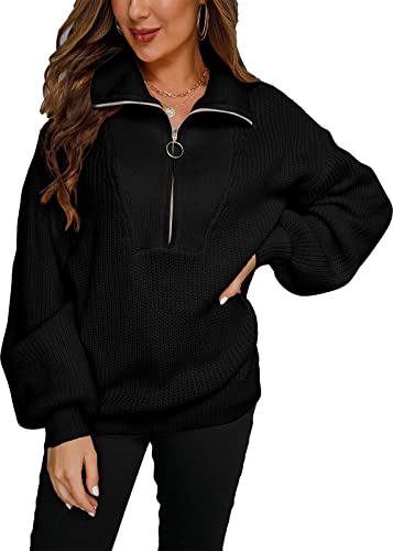 ASKSA Damen Strickpullover Einfarbig Pullover Revers Reißverschluss Langarm Strickpulli Oversize Casual Sweater Strickoberteile (Schwarz,L) von ASKSA