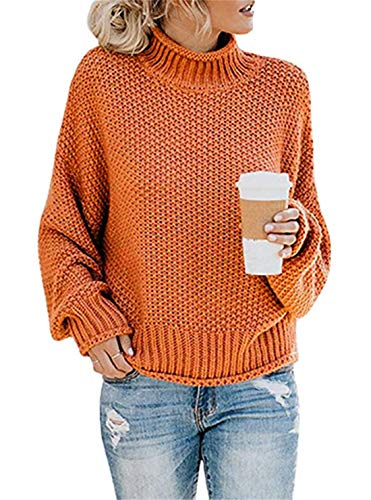 ASKSA Damen Strickpullover Pullover Turtleneck Stricken Pulli Knit Top Pulli Sweatshirt (Orange,XL) von ASKSA