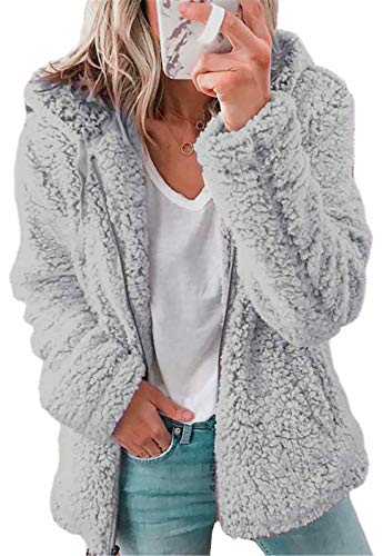 ASKSA Damen-Sweatshirt, lockere Passform, flauschige Sherpa-Fleece-Jacke, mit Reißverschluss, langärmelig Gr. 36, hellgrau von ASKSA