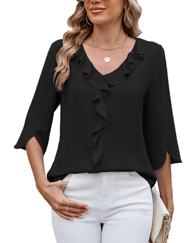 ASKSA Damen T-Shirt 3/4 Ärmel Rüschen Bluse V-Ausschnitt Sommer Elegant Einfarbig Lose Lässig Arbeits Tunika Shirts Oberteile (Schwarz,XXL) von ASKSA