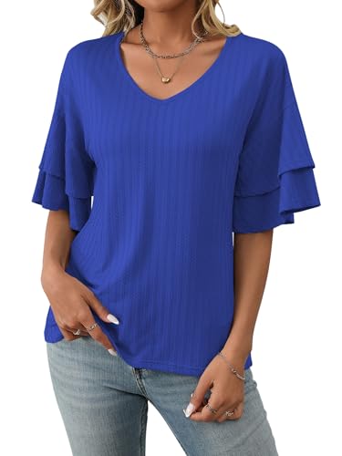 ASKSA Damen T-Shirt Rüschen Ärmel Bluse V-Ausschnitt Sommer Elegant Oberteile Einfarbig Lose Lässig Tunika Shirts Casual Tops (Blau,L) von ASKSA