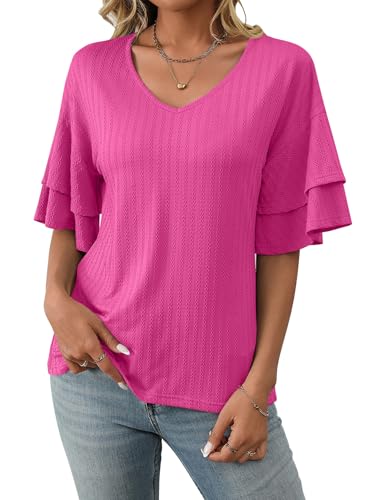 ASKSA Damen T-Shirt Rüschen Ärmel Bluse V-Ausschnitt Sommer Elegant Oberteile Einfarbig Lose Lässig Tunika Shirts Casual Tops (Rosarot,M) von ASKSA