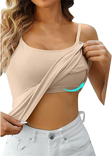 ASKSA Damen Unterhemd BH-Hemd Basic U-Ausschnitt Eingebauter BH Tank Top mit Integriertem BH Hemdchen ohne Bügel Spaghettiträgern Ärmellose Unterhemden Trägertop Sommer Shirts (Beige,S) von ASKSA