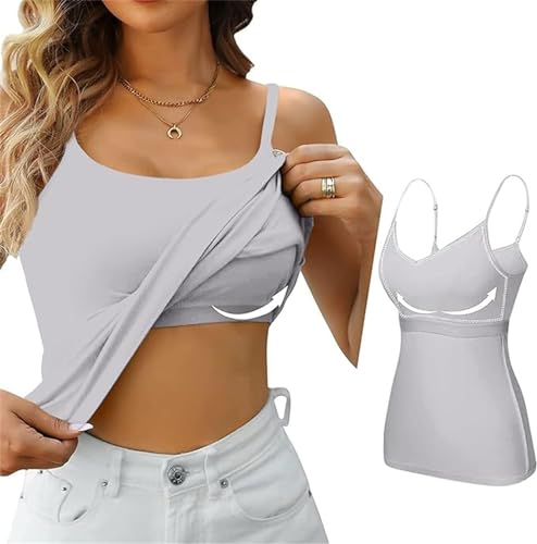 ASKSA Damen Unterhemd BH-Hemd Basic U-Ausschnitt Eingebauter BH Tank Top mit Integriertem BH Hemdchen ohne Bügel Spaghettiträgern Ärmellose Unterhemden Trägertop Sommer Shirts (Grau,L) von ASKSA