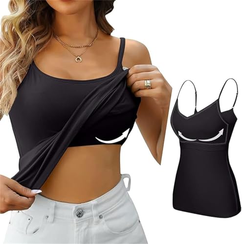 ASKSA Damen Unterhemd BH-Hemd Basic U-Ausschnitt Eingebauter BH Tank Top mit Integriertem BH Hemdchen ohne Bügel Spaghettiträgern Ärmellose Unterhemden Trägertop Sommer Shirts (Schwarz,L) von ASKSA