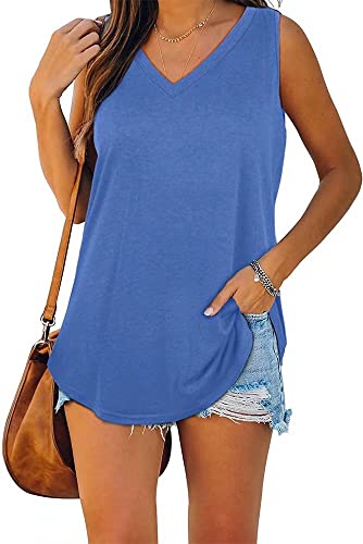 ASKSA Damen Bluse V-Ausschnitt Ärmellose Einfarbige T-Shirt Sommer Elegant Casual Loose Fit Tank Tops Shirt（Verpackung MEHRWEG） (Blau,XXL) von ASKSA