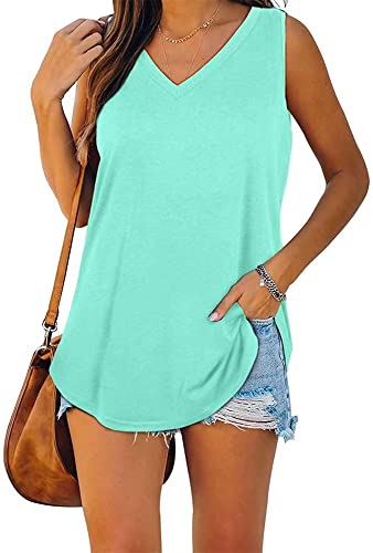 ASKSA Damen Bluse V-Ausschnitt Ärmellose Einfarbige T-Shirt Sommer Elegant Casual Loose Fit Tank Tops Shirt（Verpackung MEHRWEG） (Seegrün,L) von ASKSA